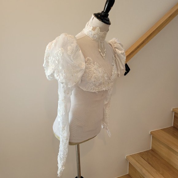 Upcycled Rave Pearl Sequins Puffy Sleeve Cardigan Corset Top Shirt Long Sleeve S - Picture 5 of 5